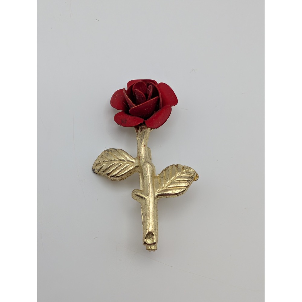Vintage Gold Tone Long Stem Red Rose Brooch Pin Figural Flower Unsigned